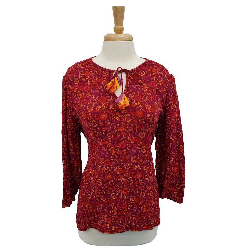 Womens S Boho Festival Floral Tassel Blouse Red Orange Matilda Jane Peasant Top
